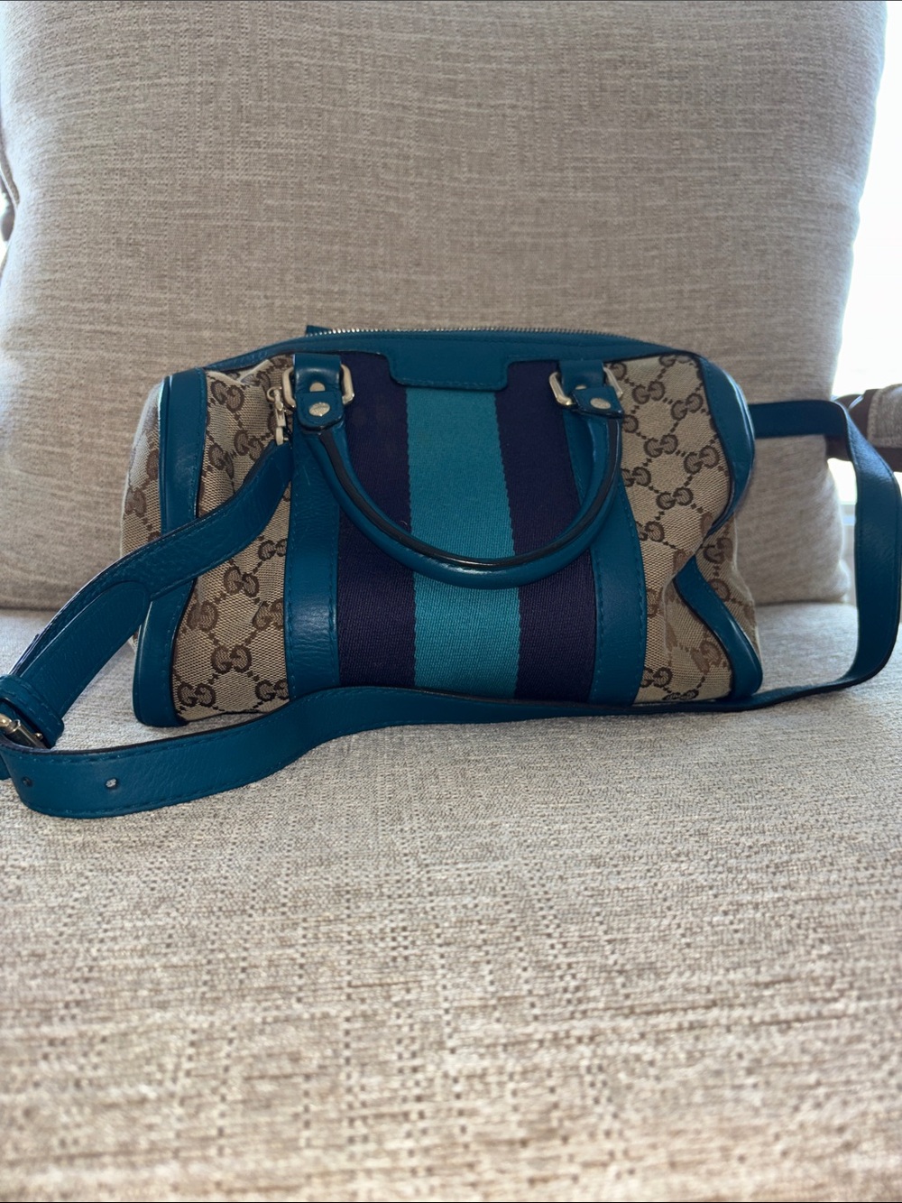 Gucci Blue Teal Web Stripe GG Canvas Crossbody Satchel